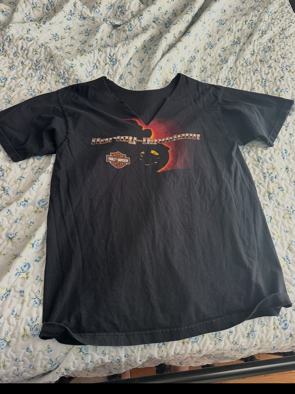 Harley-Davidson Black Tee with Orange and Red Sunset Graphic